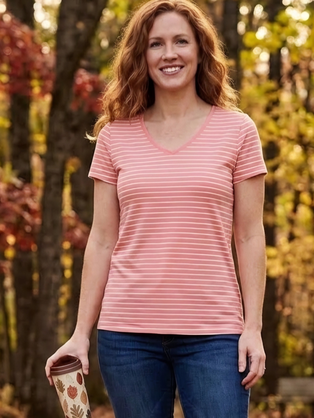 Croft & Barrow Coral and White Striped V-Neck Short Sleeve Tee, Size XL